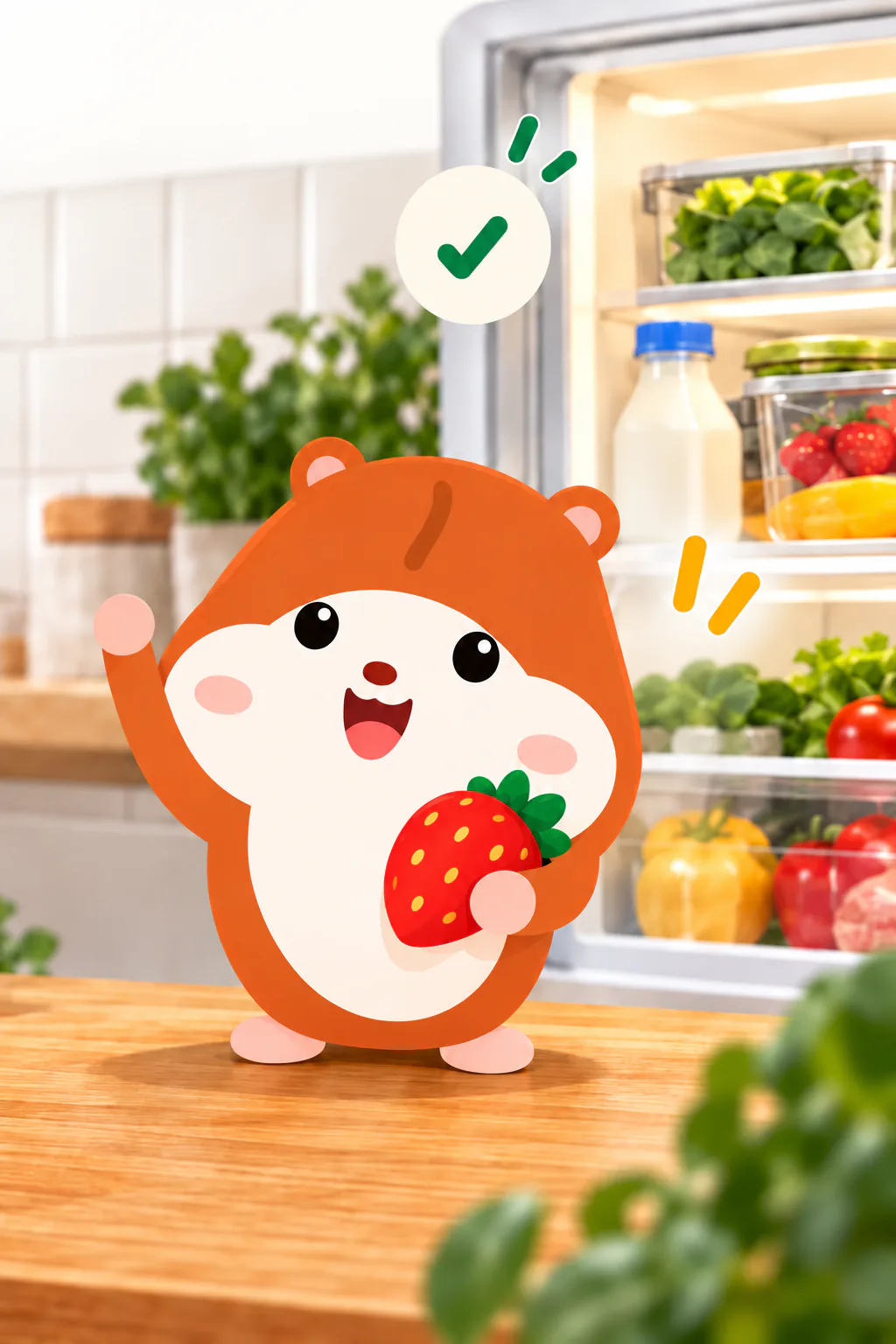 Keepy si hamster pegang stroberi di depan kulkas yang terbuka